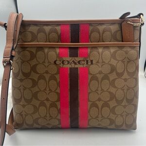 COACH Signature Pattern Shoulder Bag F38402 Khaki x Pink x Dark Brown Leather